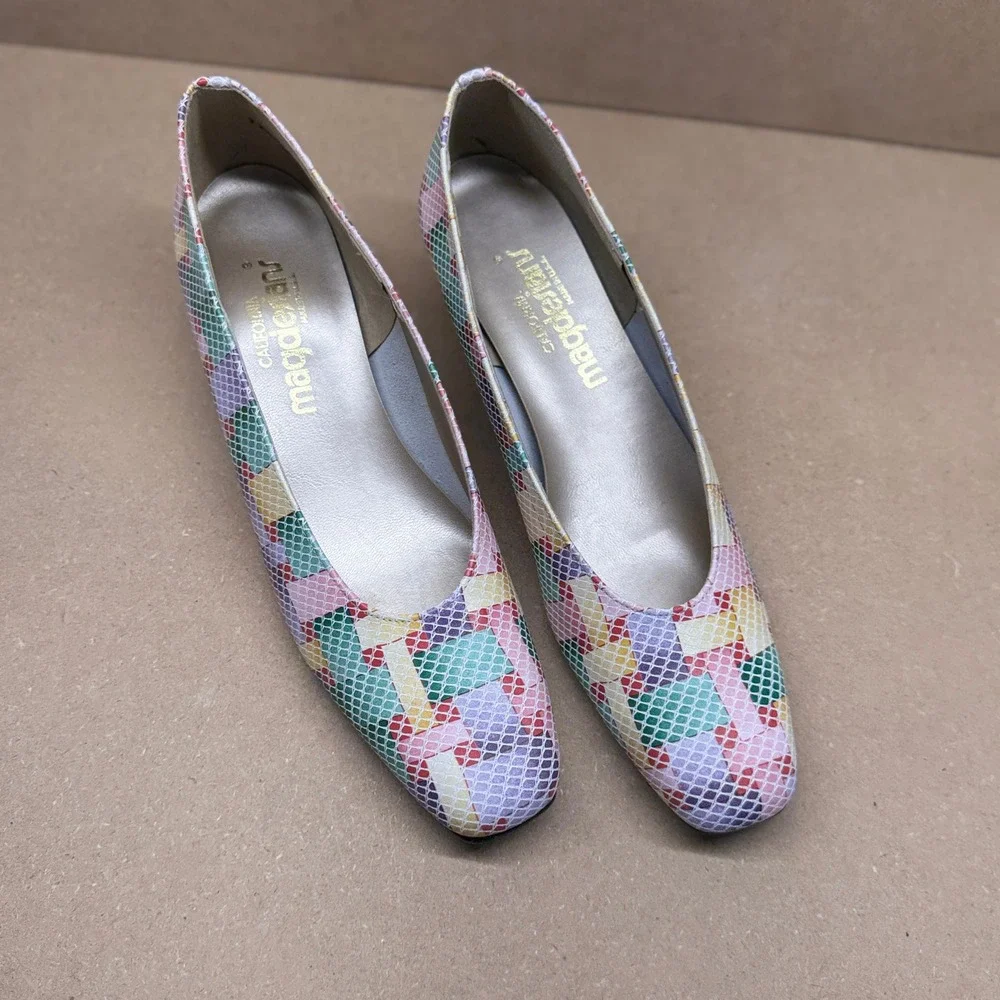 Magdesians Pumps Womens 9 S Multicolor Patchwork Leather Snakeskin Low Heel Mod‎